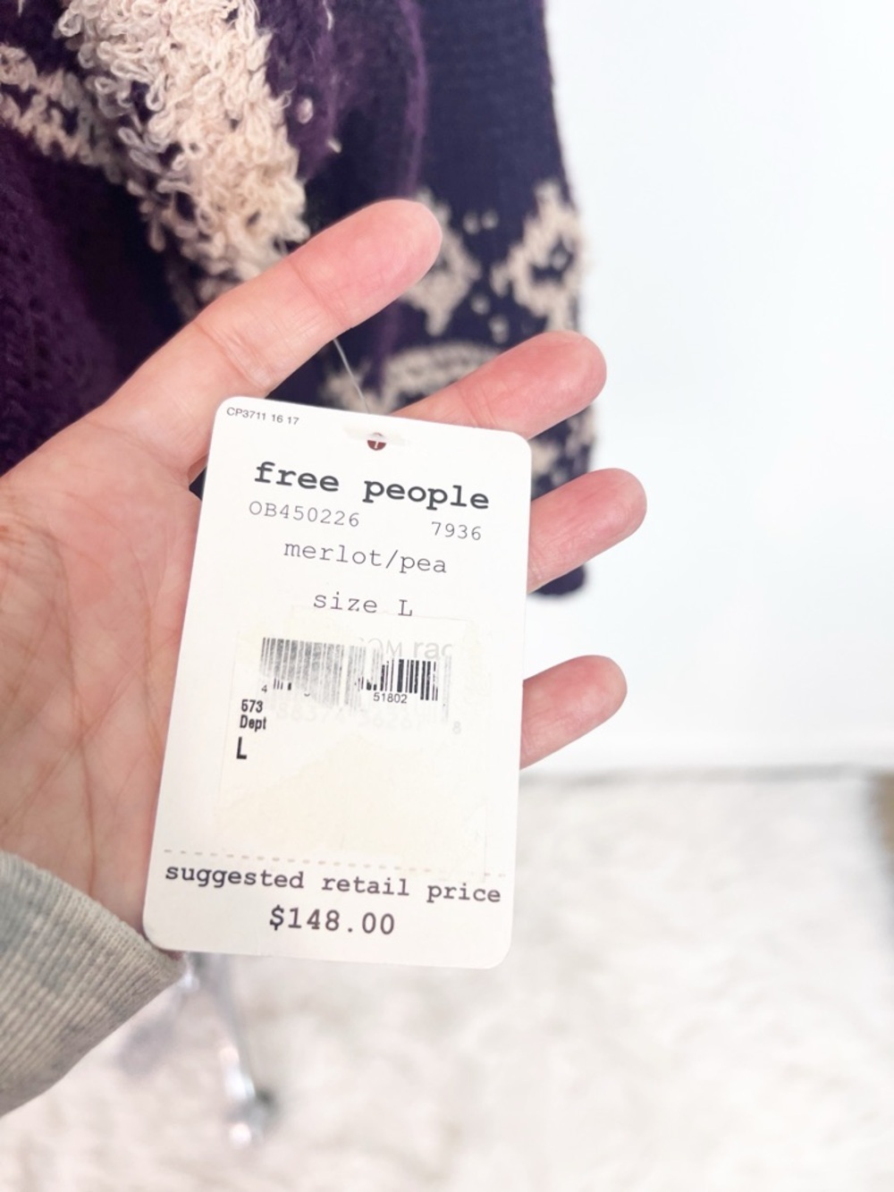 FREE PEOPLE FAIR ISLE SPLIT NECK PURPLE TAN SWEATER WOMENS SZ LARGE NWT - Picture 6 of 8